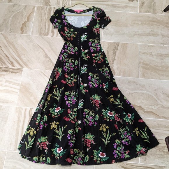 Betsey Johnson Black Floral Maxi Short Sleeve Dress for Urban Outfitters XS - Picture 2 of 9